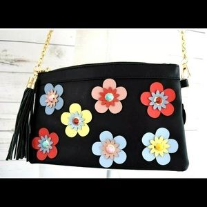 NEW Crossbody UStyle black purse Flower accents red blue yellow pink  cute NWT